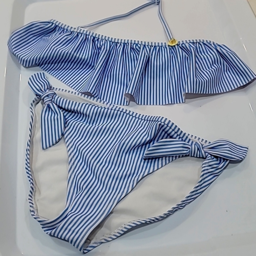 H&M Girls Blue and White Pinstripe Bikini, Size 8/10Y.